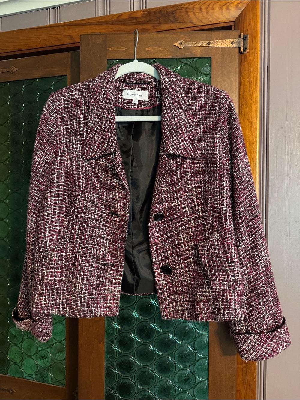 Calvin Klein Womens Burgundy Tweed Blazer Jacket with Black Accents